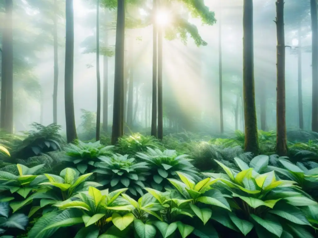 Bosque ecoamigable: meriendas en armonía con la naturaleza Importancia de empaques ecológicos en snacks saludables en un bosque verde y vibrante iluminado por el sol