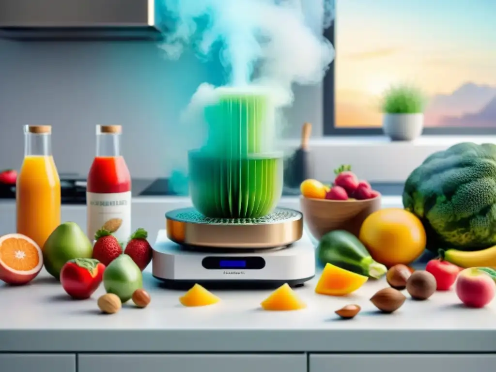 Innovación en la cocina: impresora 3D crea snacks saludables y coloridos Un innovador escenario de cocina futurista con una impresora 3D creando snacks saludables de colores vibrantes y diseños intricados