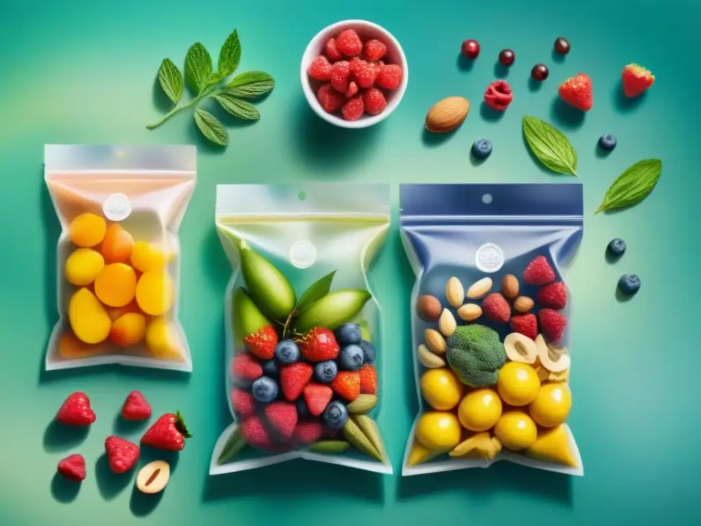 Deliciosos snacks frescos y saludables en bolsas selladas al vacío An intrincado dibujo de acuarela de snacks saludables envasados al vacío, resaltando frescura y profesionalismo