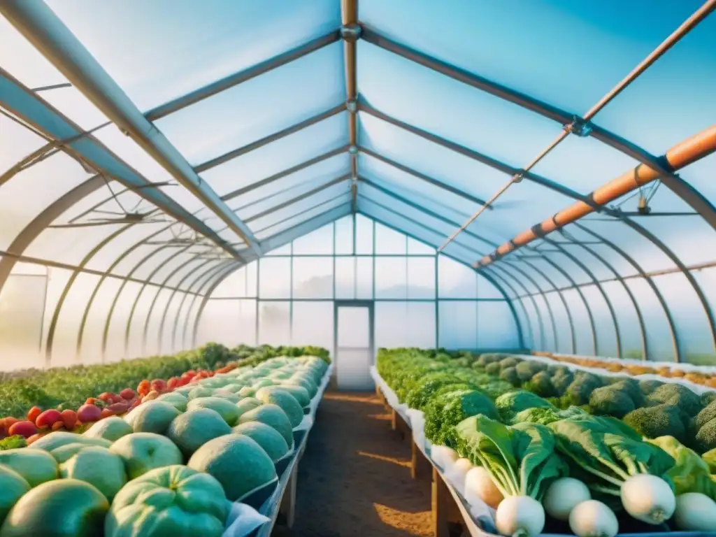 Innovación y sostenibilidad: invernadero futurista con frutas y verduras modificadas genéticamente Un invernadero futurista lleno de snacks saludables genéticamente mejorados, resplandeciendo en luz etérea