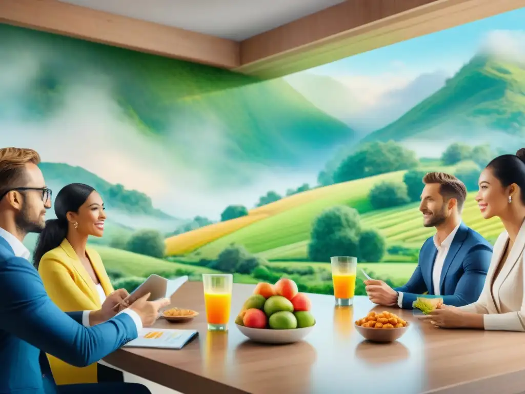 Pitch de startup saludable: inversores entusiasmados y diversidad Inversores de diversas culturas y géneros escuchan atentos a emprendedor en pitch de startup de snacks saludables