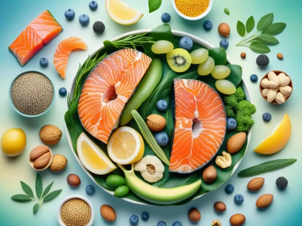 Microbioma intestinal vibrante con omega3 y bacterias beneficiosas Un jardín de bacterias beneficiosas rodeado de snacks saludables ricos en omega3, simbolizando la reducción de la inflamación intestinal