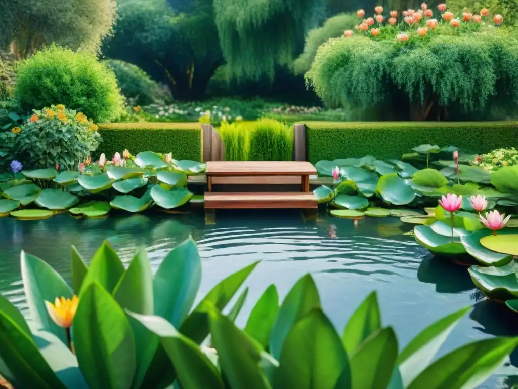 Jardín sereno y colorido: acuarela vibrante y relajante Un jardín sereno con lujosa vegetación, flores coloridas y un estanque tranquilo
