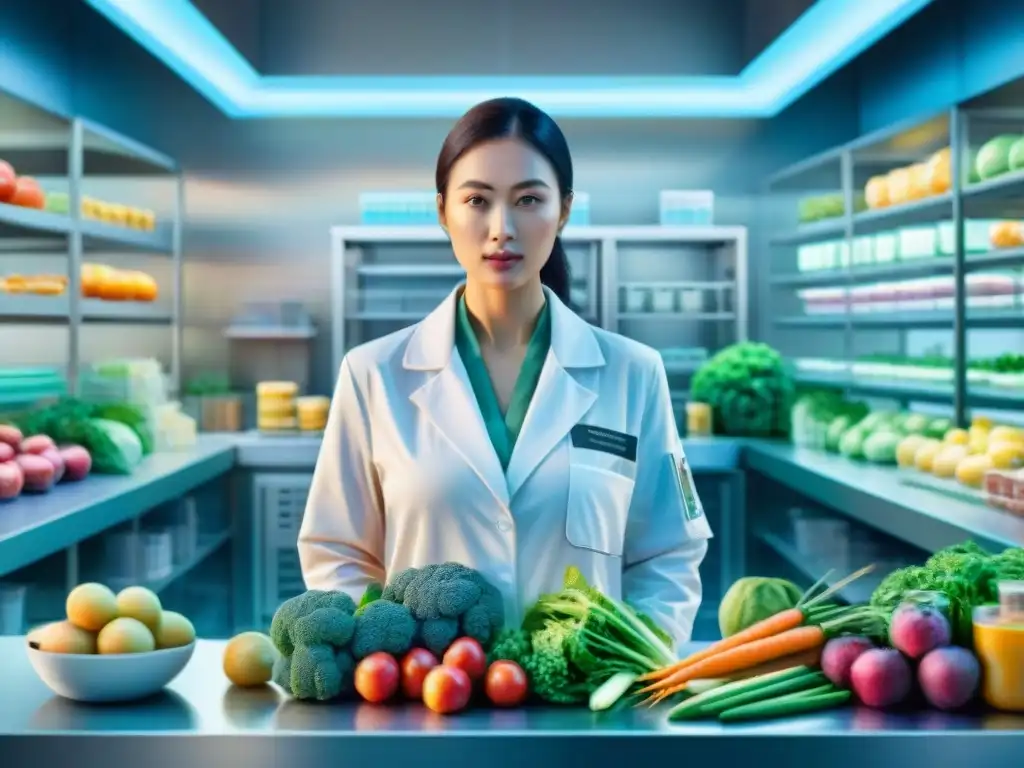 Laboratorio de alimentos del futuro: Edición genética innovadora con frutas y verduras vibrantes Un laboratorio de alimentos futurista con científicos, equipo genético y frutas y verduras vibrantes