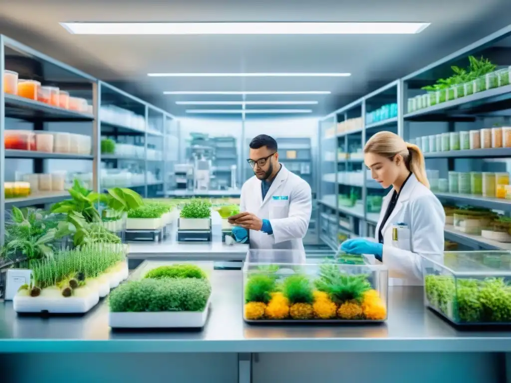 Innovación en snacks veganos: laboratorio biotecnológico Un laboratorio de biotecnología bullicioso con científicos en batas blancas creando snacks saludables a base de plantas