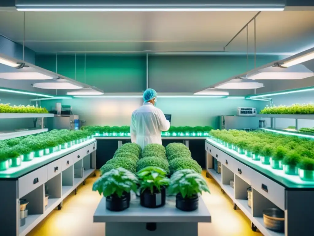 Lab biotecnológico futurista con plantas verdes vibrantes bajo luces LED Un laboratorio biotecnológico futurista donde se cultivan plantas verdes bajo luces LED brillantes