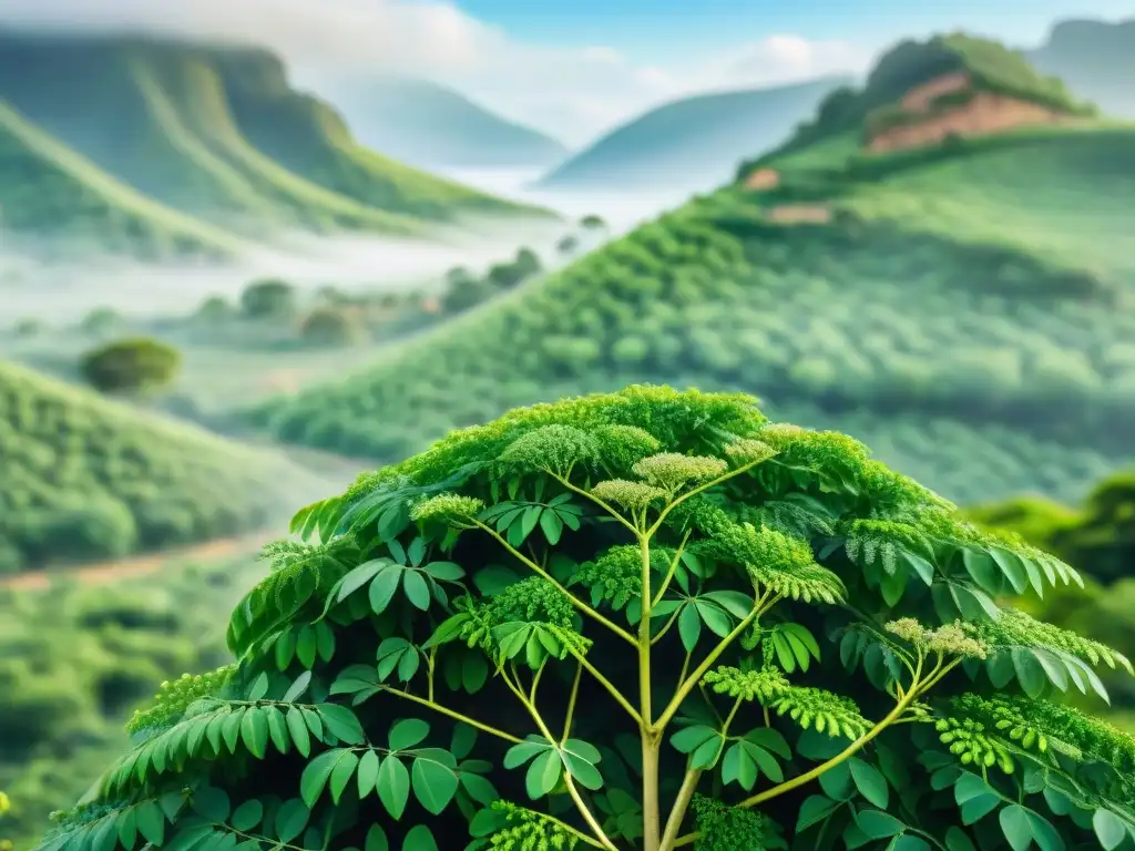 Ilustración acuarela de árbol moringa en paisaje africano Un majestuoso árbol de moringa en una exuberante ilustración acuarela, resaltando sus beneficios en snacks