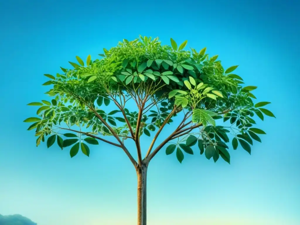 Ilustración detallada de un árbol de moringa verde vibrante en acuarela Un majestuoso árbol de moringa verde vibrante destaca contra un cielo azul claro, mostrando los beneficios de la moringa en snacks