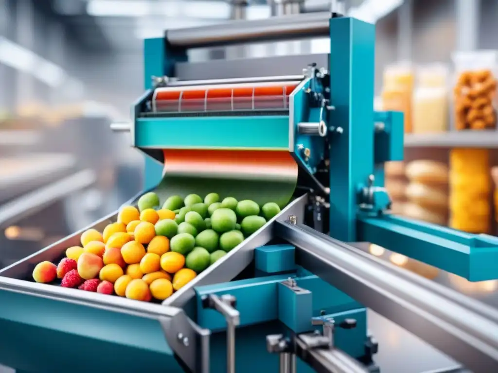 Máquina de extrusión de última generación creando snacks saludables Una máquina de extrusión moderna en acción, creando texturas de snacks saludables en un ambiente industrial vibrante