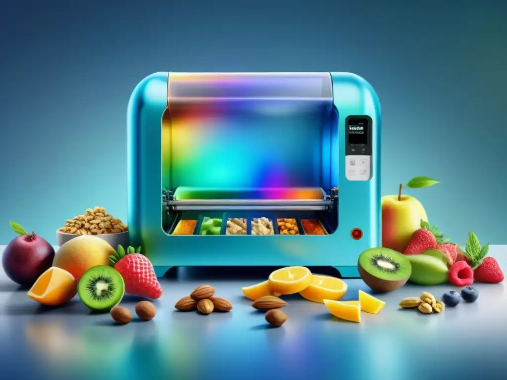 Creación futurista de snacks saludables con impresora 3D Una máquina de impresión 3D crea snacks saludables con colores vibrantes en una cocina moderna