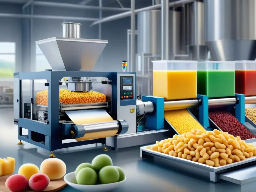 Extrusora moderna: innovación saludable en snacks Maquinaria moderna de extrusión en planta de alimentos, creando texturas snacks saludables con ingredientes naturales y tecnología innovadora