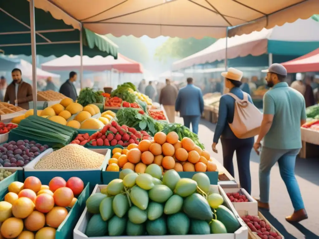 Mercado agrícola vibrante: ilustración acuarela detallada Un mercado de agricultores vibrante con frutas y verduras frescas