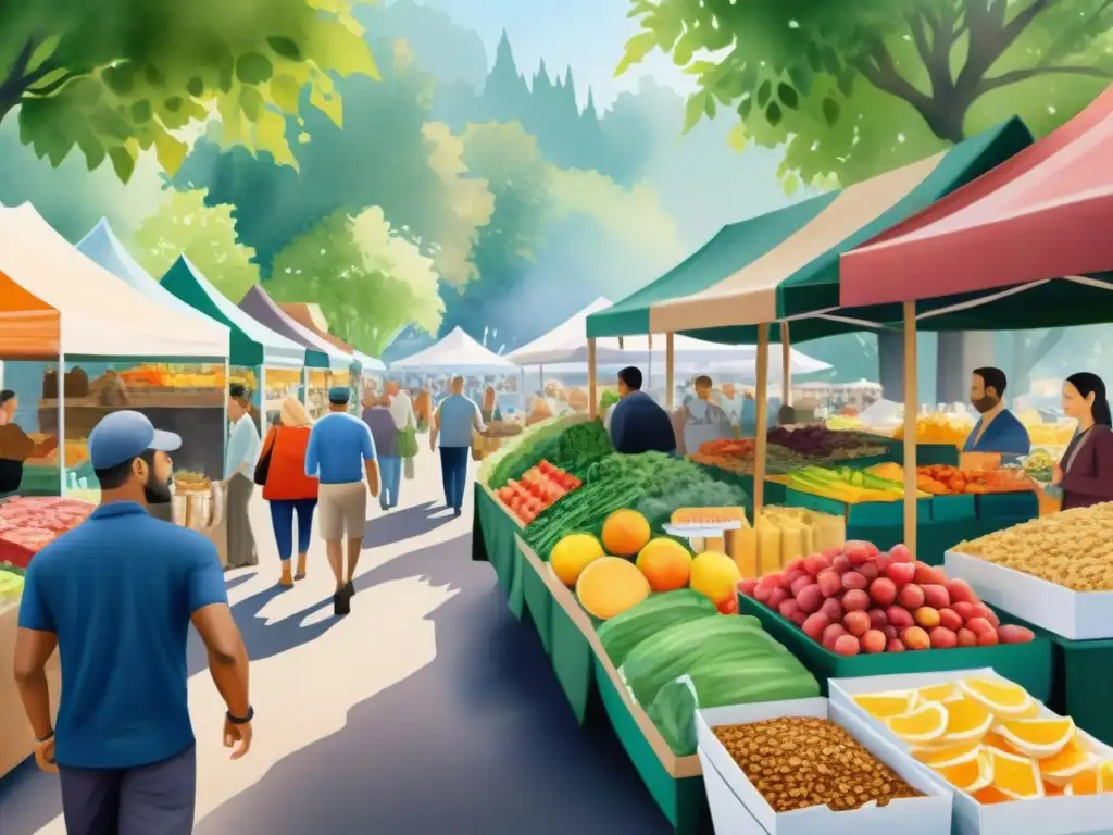 Mercado de Agricultores: Escena vibrante con snacks saludables y coloridos Mercado agrícola animado con opciones saludables y coloridas, estrategias marketing snacks saludables