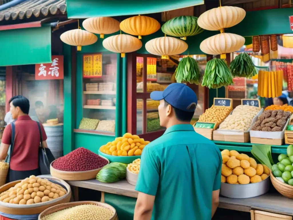 Mercado asiático vibrante lleno de snacks saludables Un mercado asiático bullicioso con una variedad de snacks saludables y coloridos