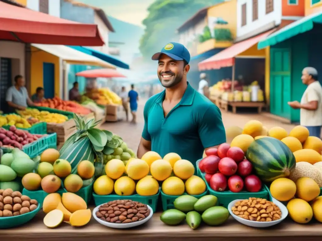 Mercado brasileño vibrante: frutas y frutos secos en acuarela Un mercado brasileño bullicioso y colorido, lleno de frutas, nueces y opciones de snacks saludables
