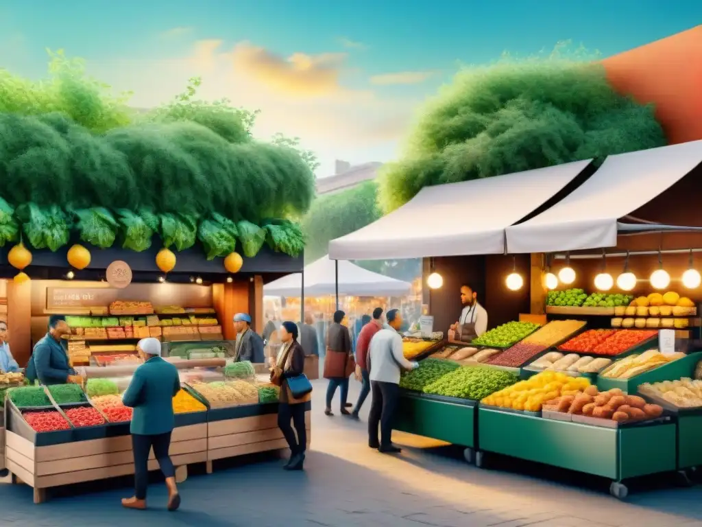 Mercado saludable: snacks innovadores y coloridos Un mercado bullicioso lleno de puestos de snacks saludables innovadores inversiones