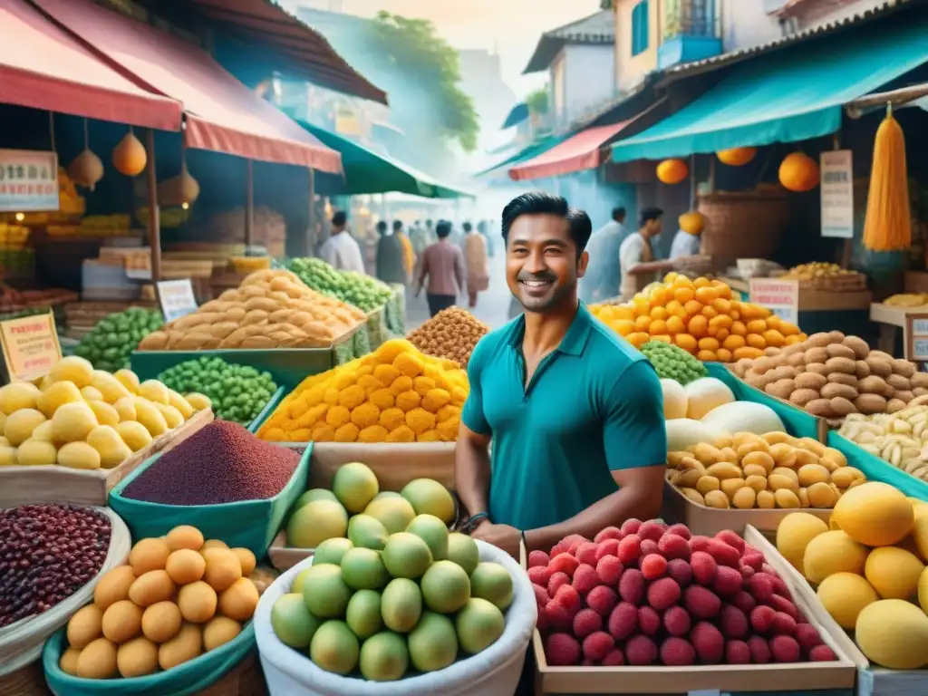 Un mercado bullicioso lleno de snacks saludables sin azúcar, con frutas tropicales detalladas y mezclas de frutos secos