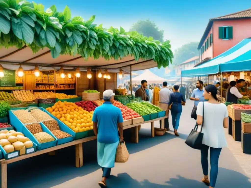 Mercado ecológico: ilustración acuarela de puestos de snacks saludables Un mercado bullicioso lleno de vida y color, con puestos de snacks saludables rastreo Blockchain