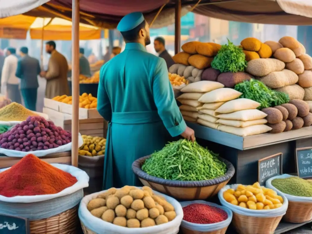 Mercado vibrante del Medio Oriente: acuarela exquisita de sabores y colores Un mercado bullicioso de Oriente Medio con una variedad de snacks saludables como falafel, hummus y hojas de parra rellenas