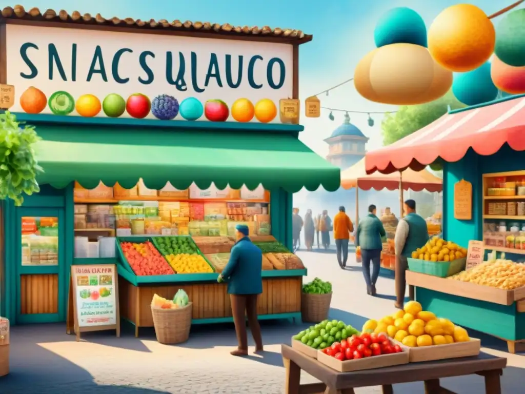 Puesto de snacks saludables en mercado animado Un mercado bullicioso con un puesto de snacks saludables para pequeño negocio en primer plano, clientes felices y un ambiente emprendedor