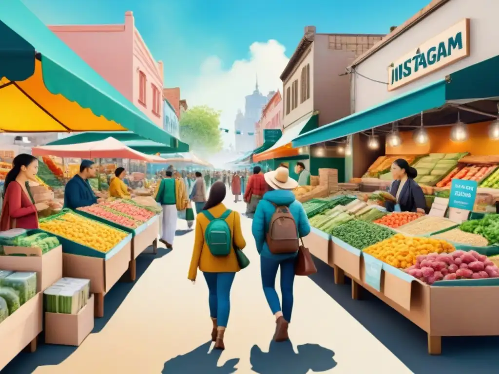 Mercado ecológico: snacks saludables en envases sostenibles Un mercado bullicioso con puestos llenos de snacks saludables en envases ecofriendly
