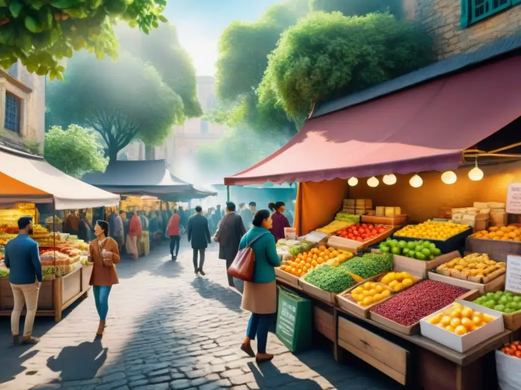 Mercado vibrante de snacks saludables: ilustración acuarela Un mercado bullicioso con puestos de snacks saludables y emprendedores mostrando sus productos innovadores
