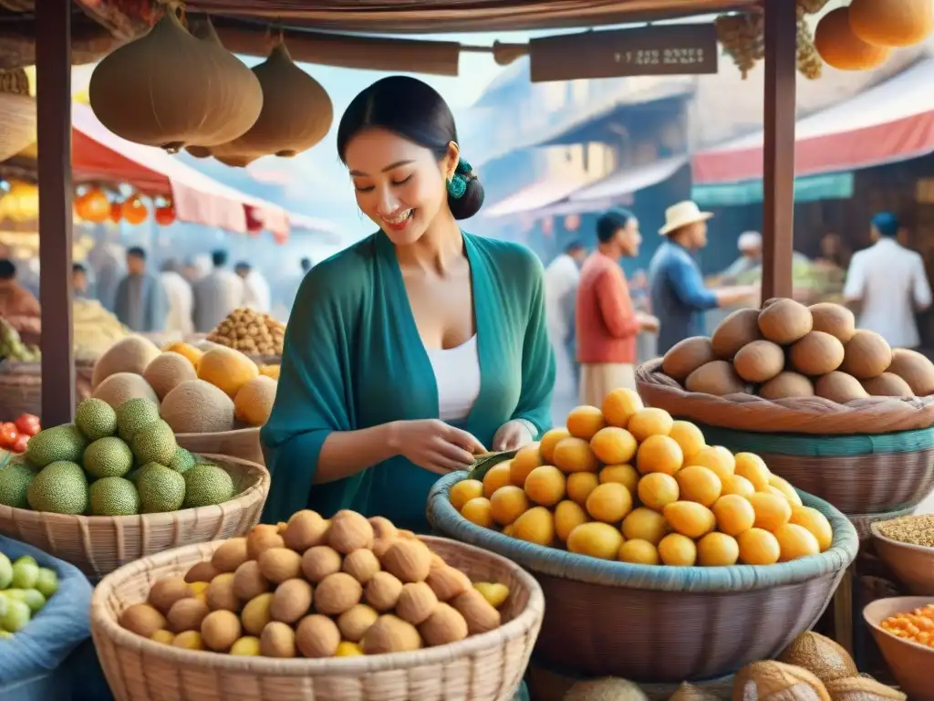 Mercado exótico: bocados saludables del mundo Un mercado bullicioso de snacks saludables exóticos importados, lleno de colores vibrantes y delicias únicas de todo el mundo