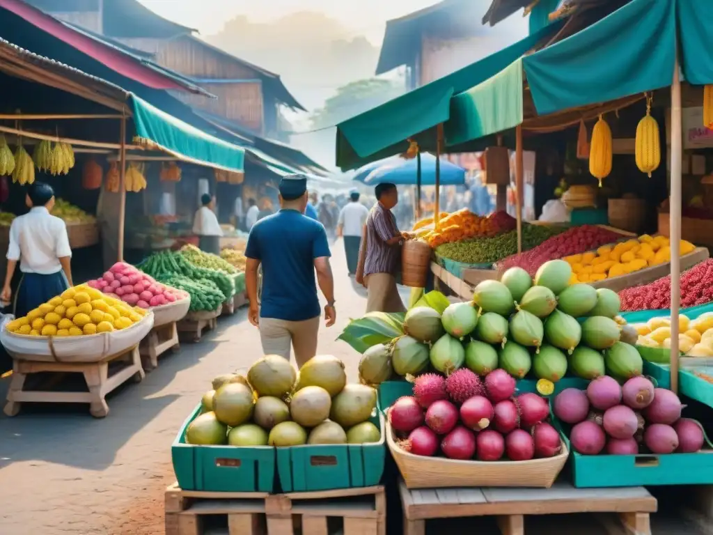 Mercado callejero en Asia: una explosión de colores y sabores exóticos Un mercado bullicioso en el Sudeste Asiático con snacks saludables como frutas exóticas y especias aromáticas