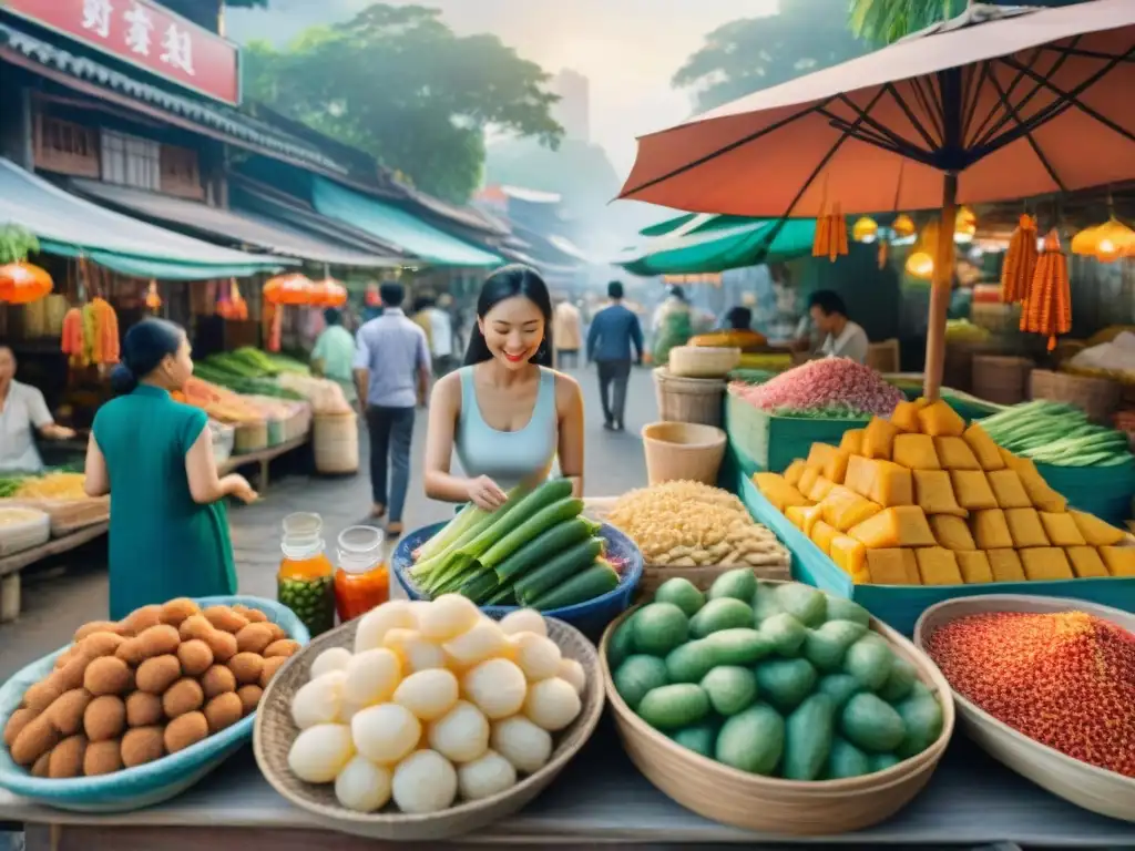 Mercado callejero asiático: Delicias fermentadas y exóticas Un mercado bullicioso del Sudeste Asiático con coloridos snacks saludables como kimchi y tempeh, rodeado de frutas tropicales