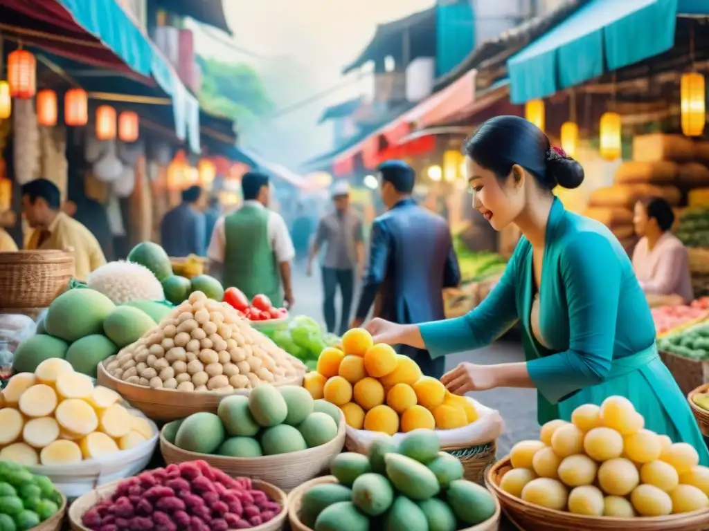 Mercado callejero vibrante en Asia: frutas exóticas y más Mercado callejero bullicioso en el sudeste asiático con snacks saludables como frutas exóticas, nueces y pasteles de arroz tradicionales