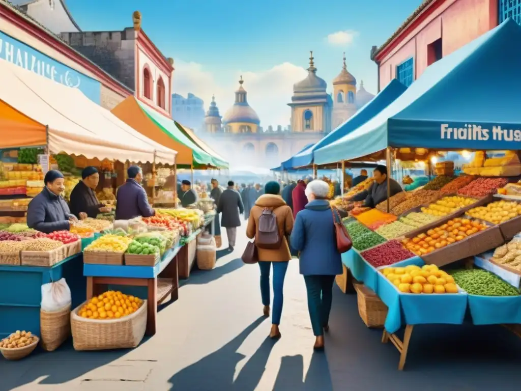 Mercado vibrante de snacks saludables: ilustración acuarela ultra detallada Un mercado emprendedor rebosante de snacks saludables frescos y vibrantes bajo un cielo azul brillante