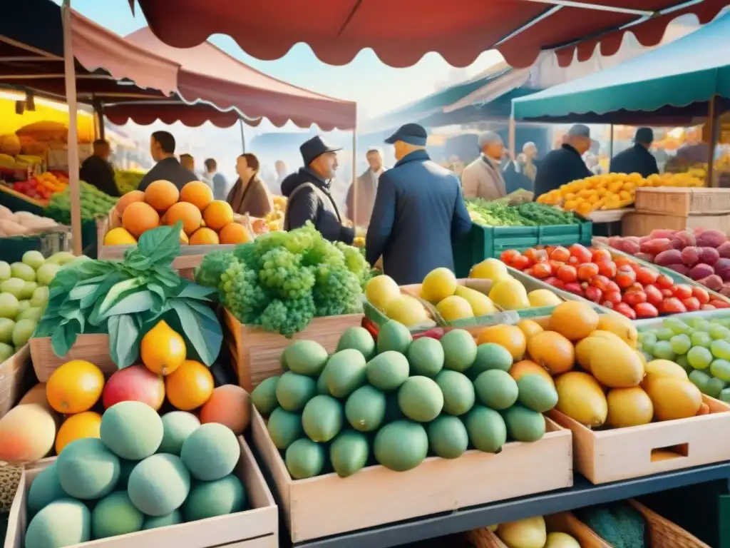 Un mercado europeo bullicioso con frutas y verduras frescas