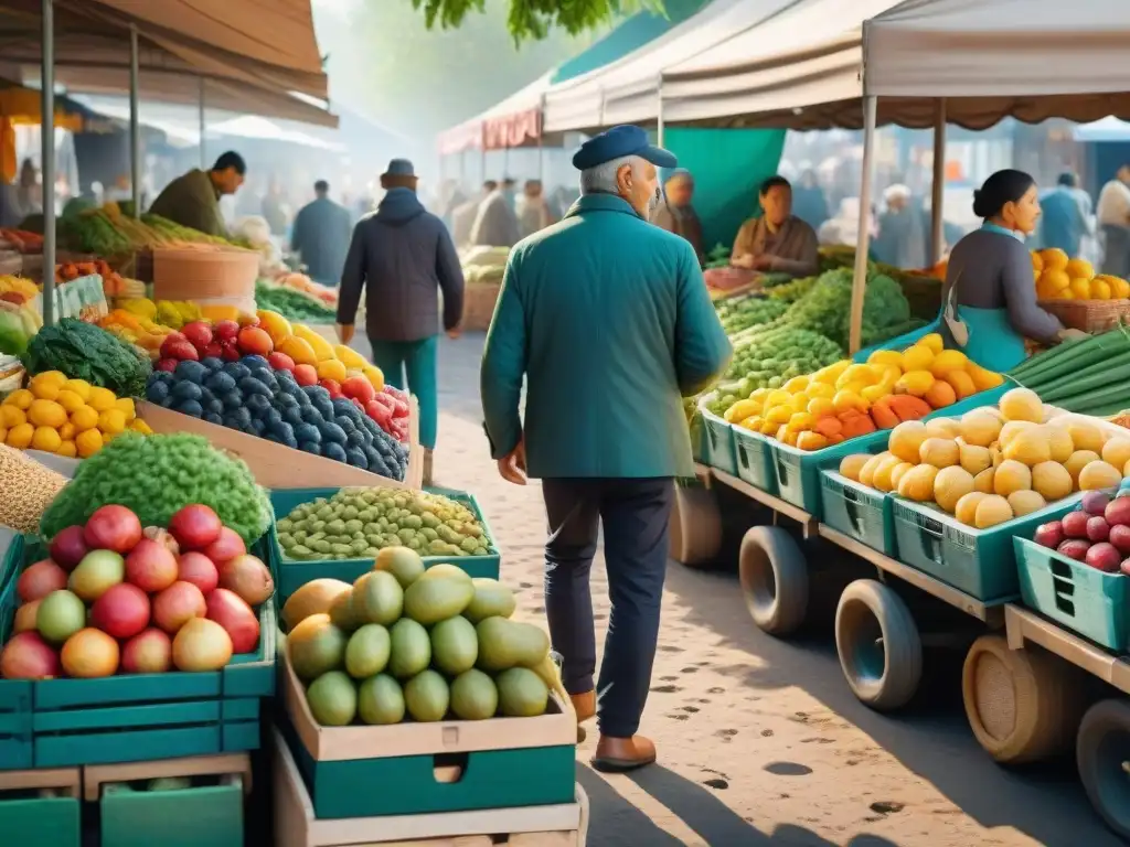 Mercado agrícola vibrante: acuarela detallada y fresca Un mercado con frutas frescas y coloridas, creando una atmósfera vibrante y comunitaria