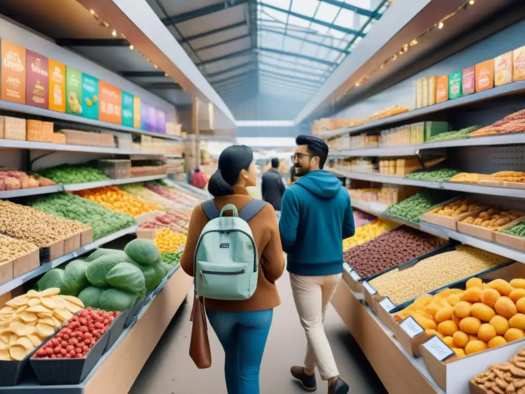 Mercado global de snacks saludables: colorido y vibrante Un mercado global bullicioso con snacks saludables innovadores y clientes diversos