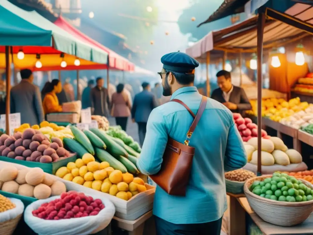 Mercado multicultural: boceto acuarela de puestos de snacks saludables Un mercado global vibrante y diverso lleno de vendedores que ofrecen una variedad de opciones de snacks saludables