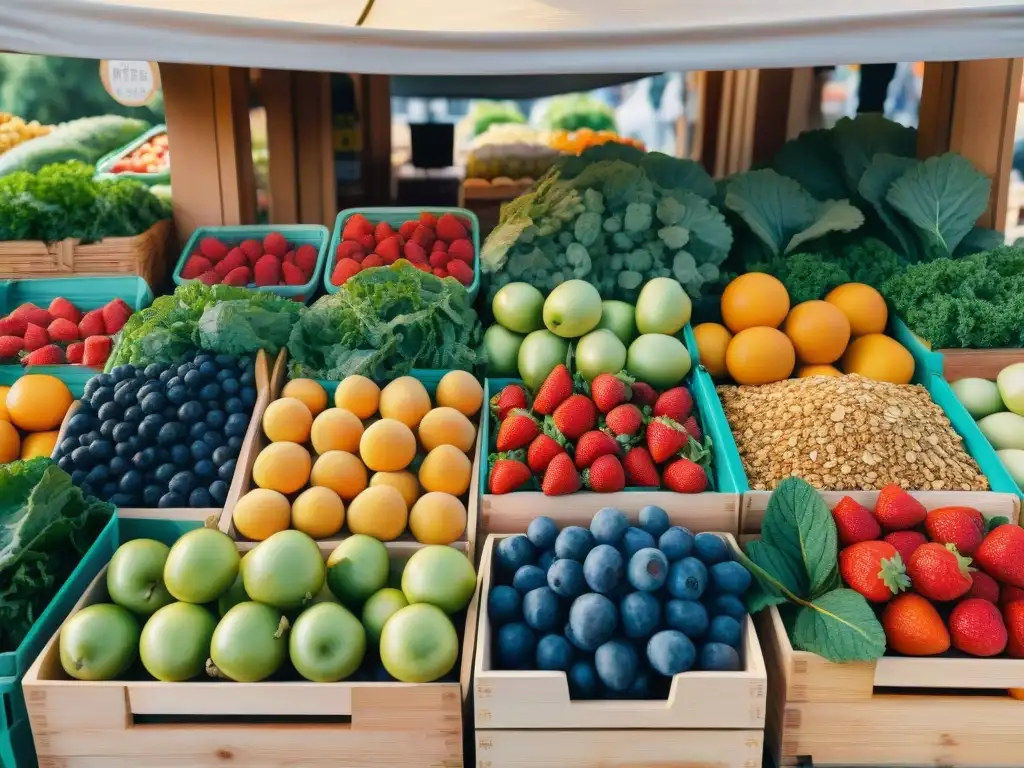Mercado saludable: ilustración detallada de puestos de snacks vibrantes Un mercado de granjeros rebosante de snacks saludables para nutrir: frutas frescas, barritas de granola y frutos secos