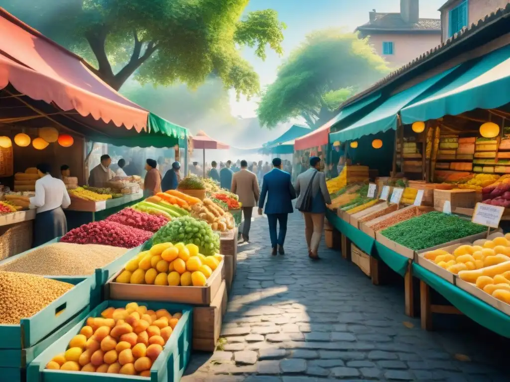 Mercado Internacional: Escena Colorida de Tentadores Snacks Saludables Un mercado internacional bullicioso con vendedores ofreciendo snacks saludables como frutas frescas, nueces y barras de granola
