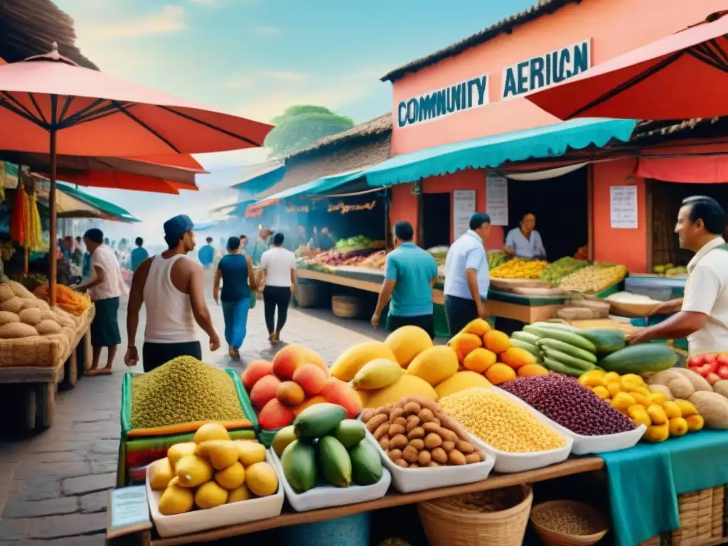 Un mercado latino vibrante con snacks saludables sin azúcar bajo el cálido sol