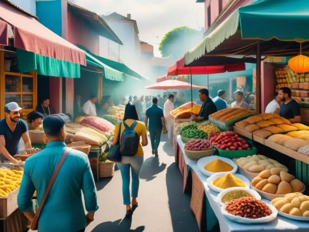 Mercado vegano en América Latina: colorida escena callejera Un mercado latinoamericano vibrante con snacks saludables veganos internacionales