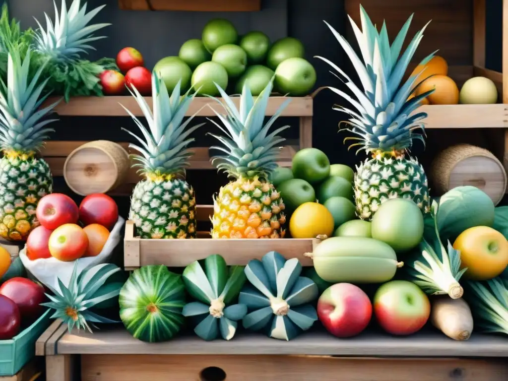 Puesto de mercado con frutas y verduras frescas en acuarela detallada Un mercado lleno de frutas y verduras frescas, colores vibrantes y energía