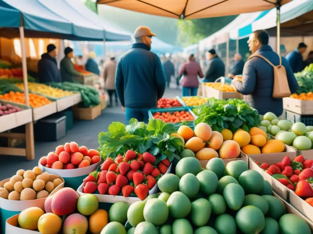Mercado agrícola vibrante: ilustración acuarela detallada Un mercado lleno de vida con niños felices explorando, escogiendo frutas frescas y vegetales
