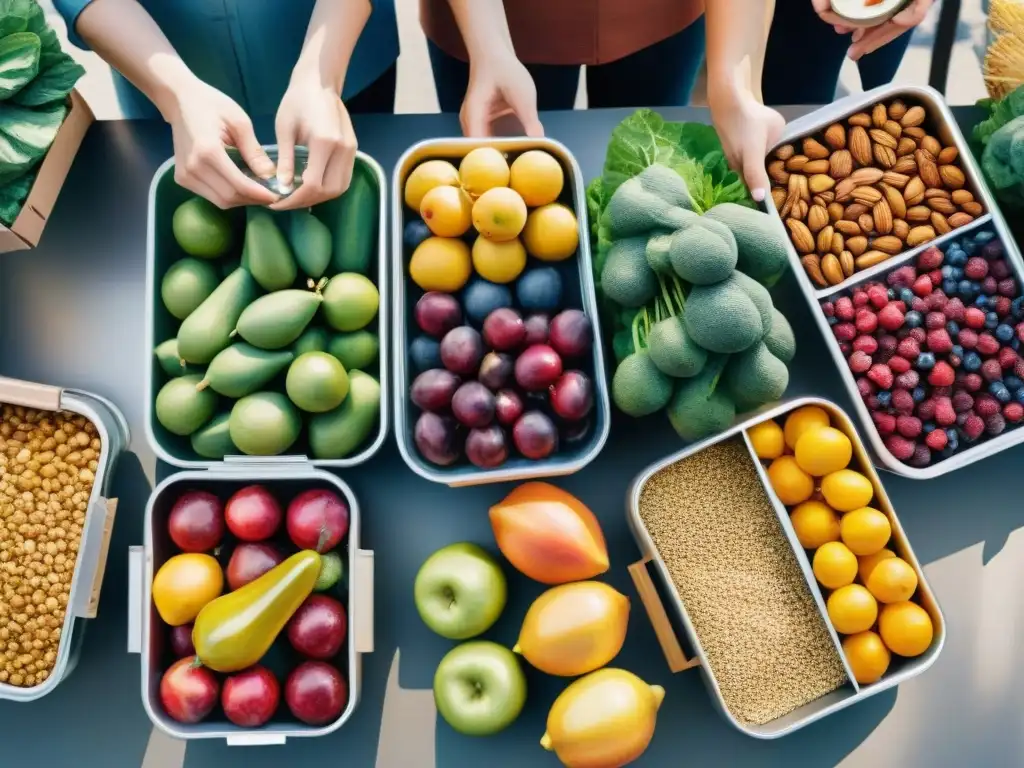 Mercado agrícola vibrante y diverso: ilustración acuarela detallada Un mercado lleno de vida con snacks saludables en fiambreras, colores vibrantes y comunidad unida