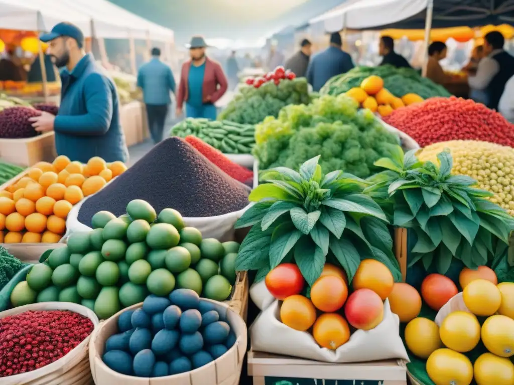 Mercado de superalimentos: detallada acuarela con vibrante bullicio Un mercado lleno de vida con superalimentos vibrantes y diversos, creando una atmósfera acogedora