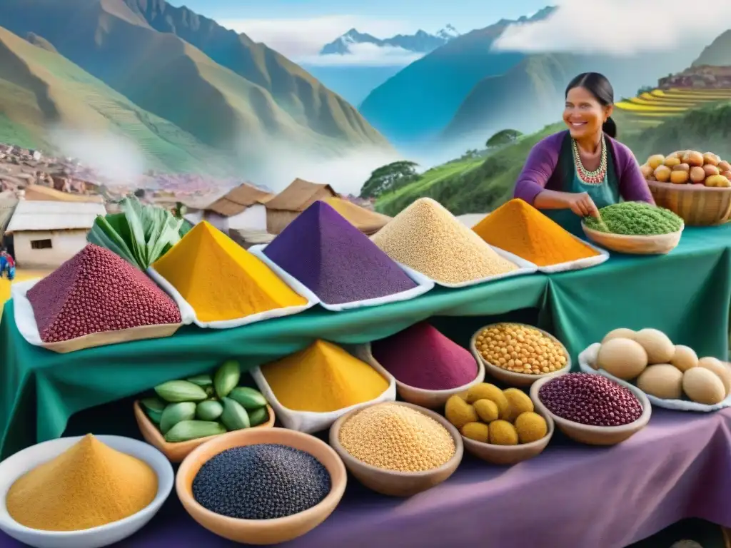Mercado andino: ilustración acuarela de superalimentos peruanos Un mercado peruano bullicioso, lleno de superfoods coloridos como la lúcuma y la quinua