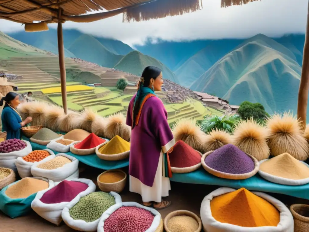 Mercado peruano: superalimentos andinos y tradición Un mercado peruano vibrante con superfoods andinos, vendedores indígenas y llamas