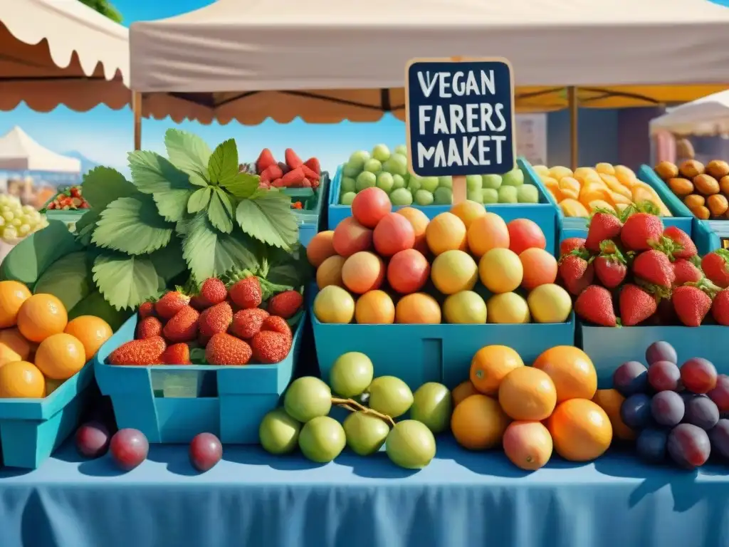 Mercado de agricultores: frutas y verduras frescas en acuarela Puesto de mercado rebosante de frutas y verduras frescas bajo cielo azul