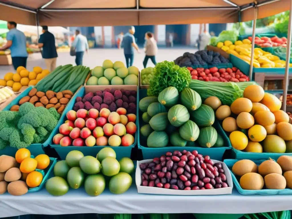 Puesto de mercado vibrante lleno de alimentos frescos y coloridos Puesto de mercado rebosante de snacks saludables para controlar calorías, con frutas frescas y vegetales orgánicos