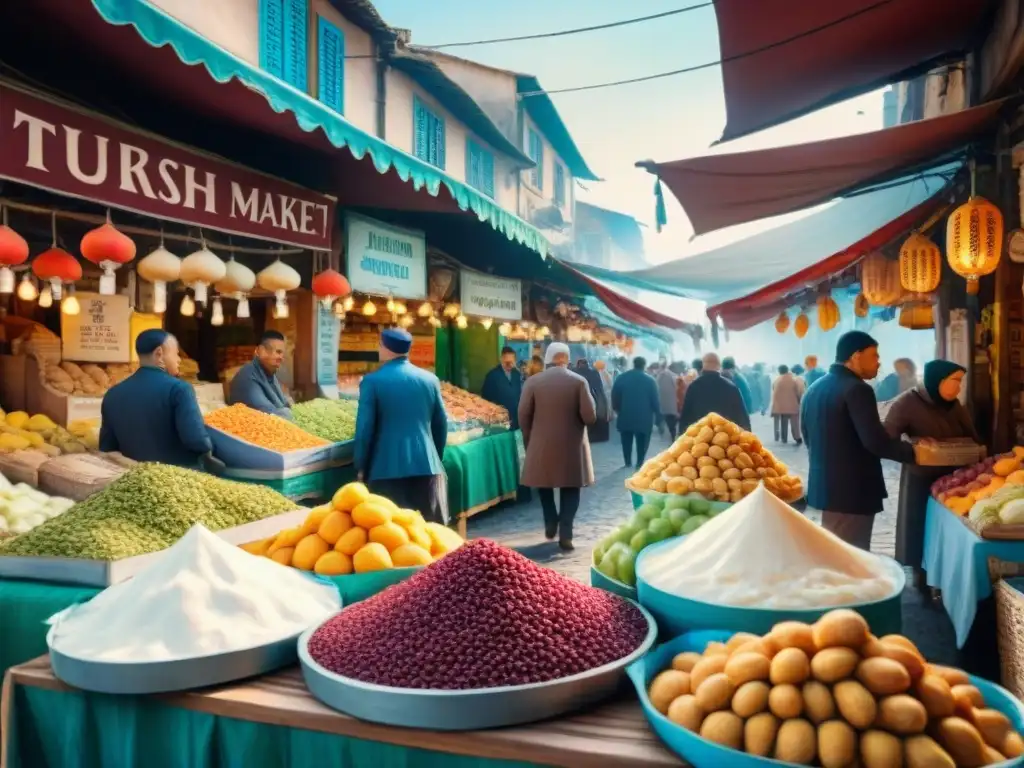 Mercado turco vibrante: escena de bocadillos saludables en acuarela Mercado turco vibrante con snacks saludables: yogur, frutas frescas y frutos secos