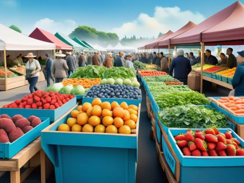 Mercado agrícola vibrante: ilustración acuarela Un mercado vibrante con frutas y verduras frescas en puestos de madera bajo un cielo azul