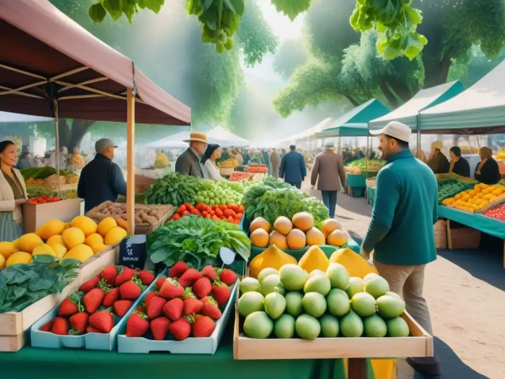 Mercado de agricultores: escena vibrante de frutas y verduras orgánicas Un mercado agrícola vibrante con frutas, verduras y frutos secos orgánicos
